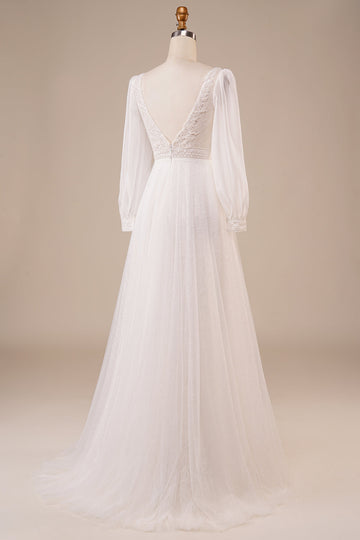 A-Line Tul Beaded Ivory Vestido de novia con mangas